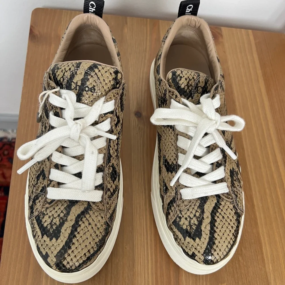 Chloe Lauren Snakeskin Embossed Leather Scalloped Low Top Sneakers Brown 38 - Picture 4 of 11